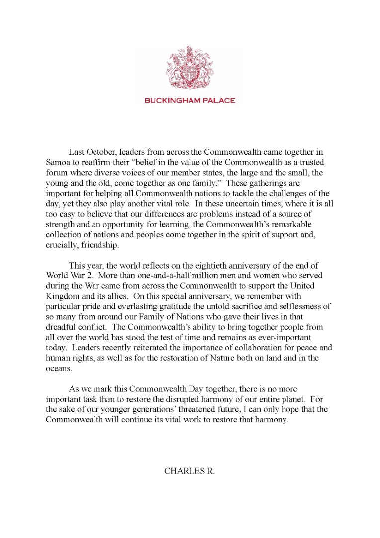 The text of His Majesty the King's 2025 Commonwealth Day message